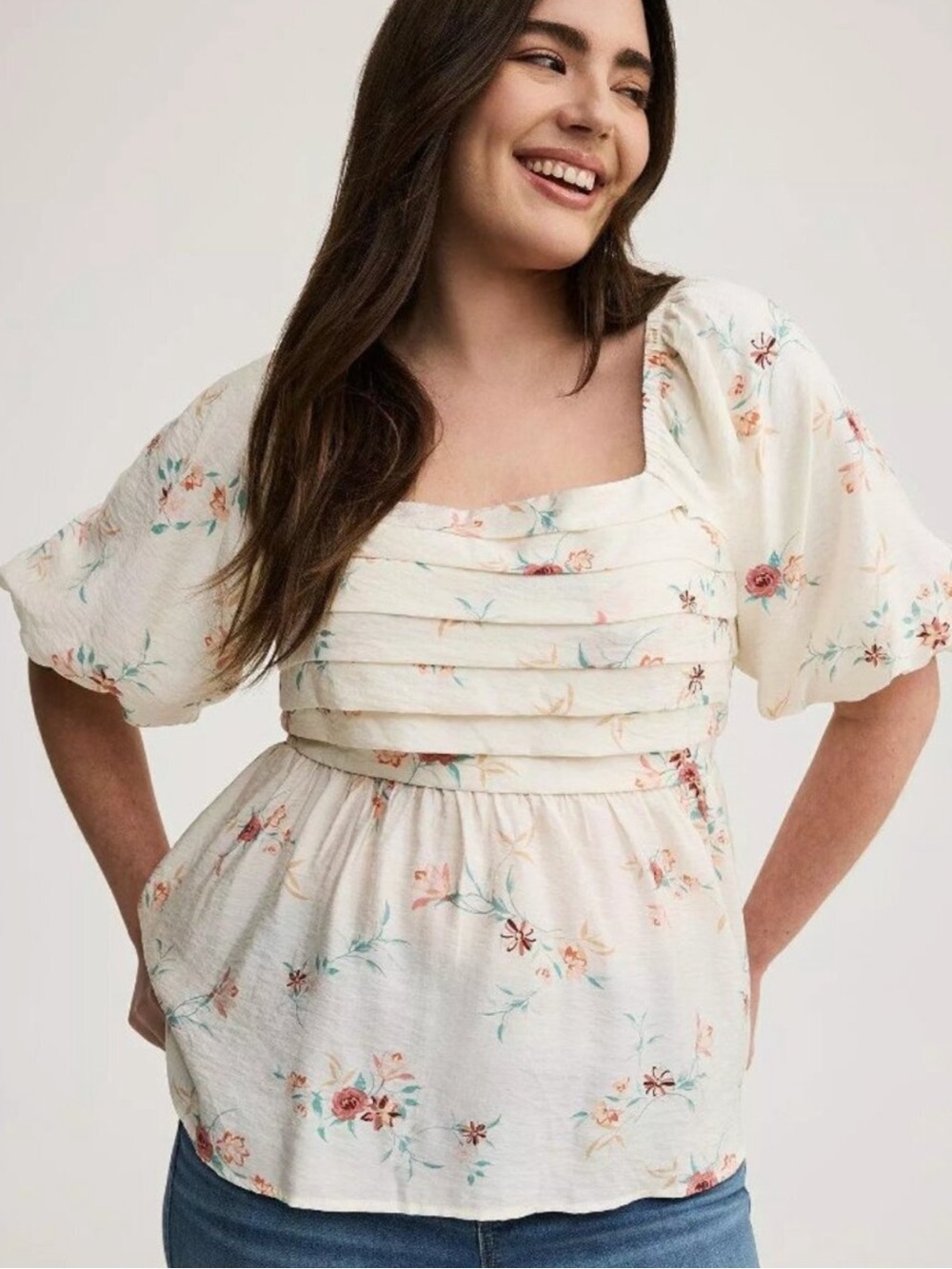 Torrid Puff Sleeve Top Cream Pink Floral Smocked Womens Plus Size 4X